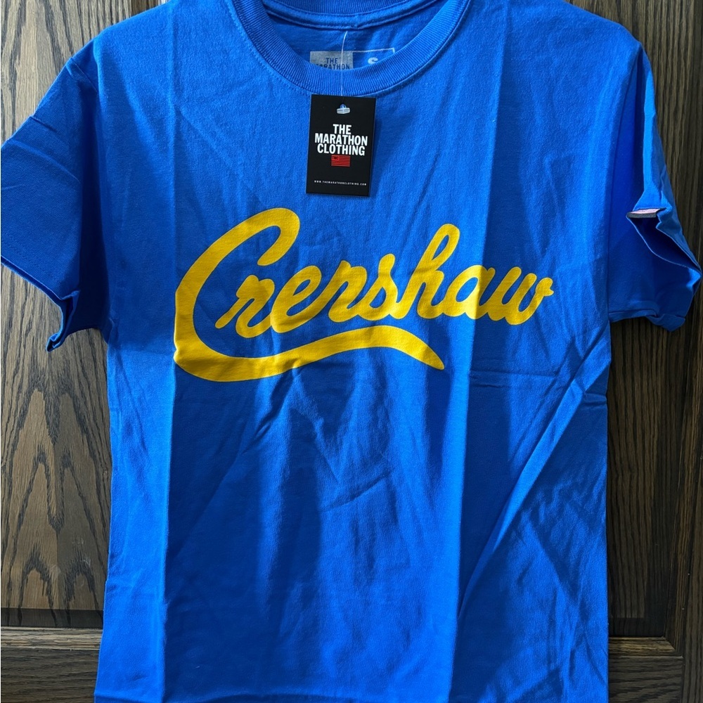 The Marathon Clothing Blue Tee with Yellow Crenshaw Script
